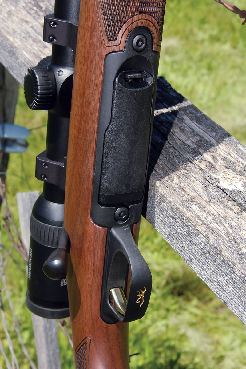 The Browning X-Bolt 2 Hunter includes a flush-fit detachable magazine that holds four rounds in the 243 Winchester version tested. The new bottom metal is a thinner and stronger alloy.